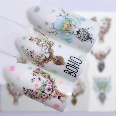 FWC 1 Sheet Nail Sticker Flower Decal Animal Flamingo Deer Butterfly Nail Art Water Transfer Slider Foils Decoration